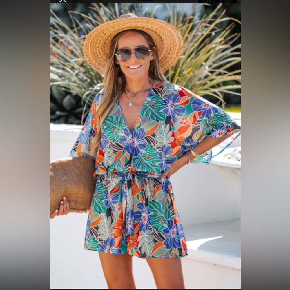 Cupshe Tropical Leaf Belted Romper size L